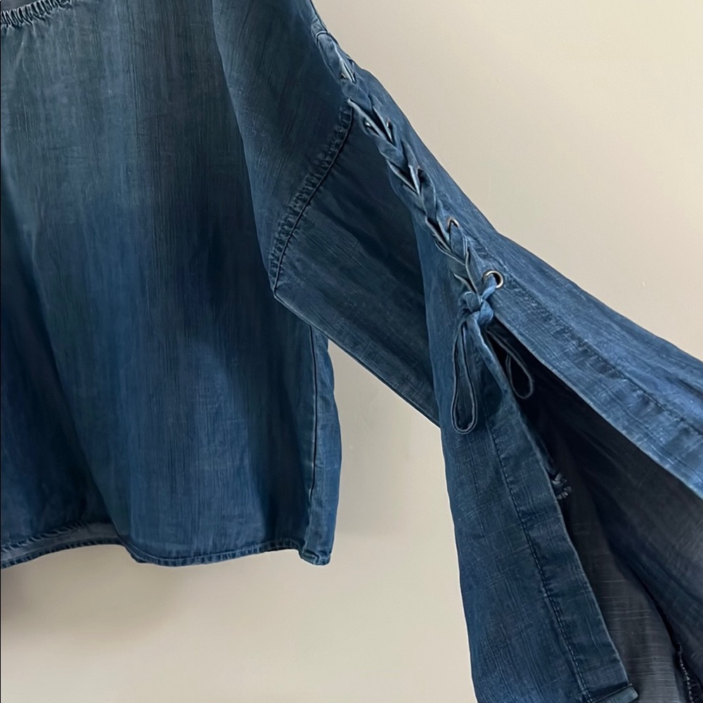 Bella Dahl‎ Bloomingdales Blue Long Lace Up Sleeve Denim Blouse Top Size L - Picture 6 of 9